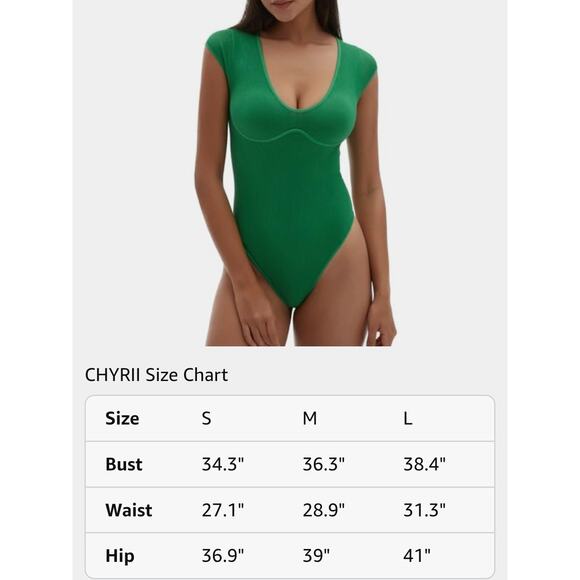 CHYRII Womens Sexy Summer V Neck Bodysuit Tops Short Sleeve Going Out Top Green - Picture 5 of 6